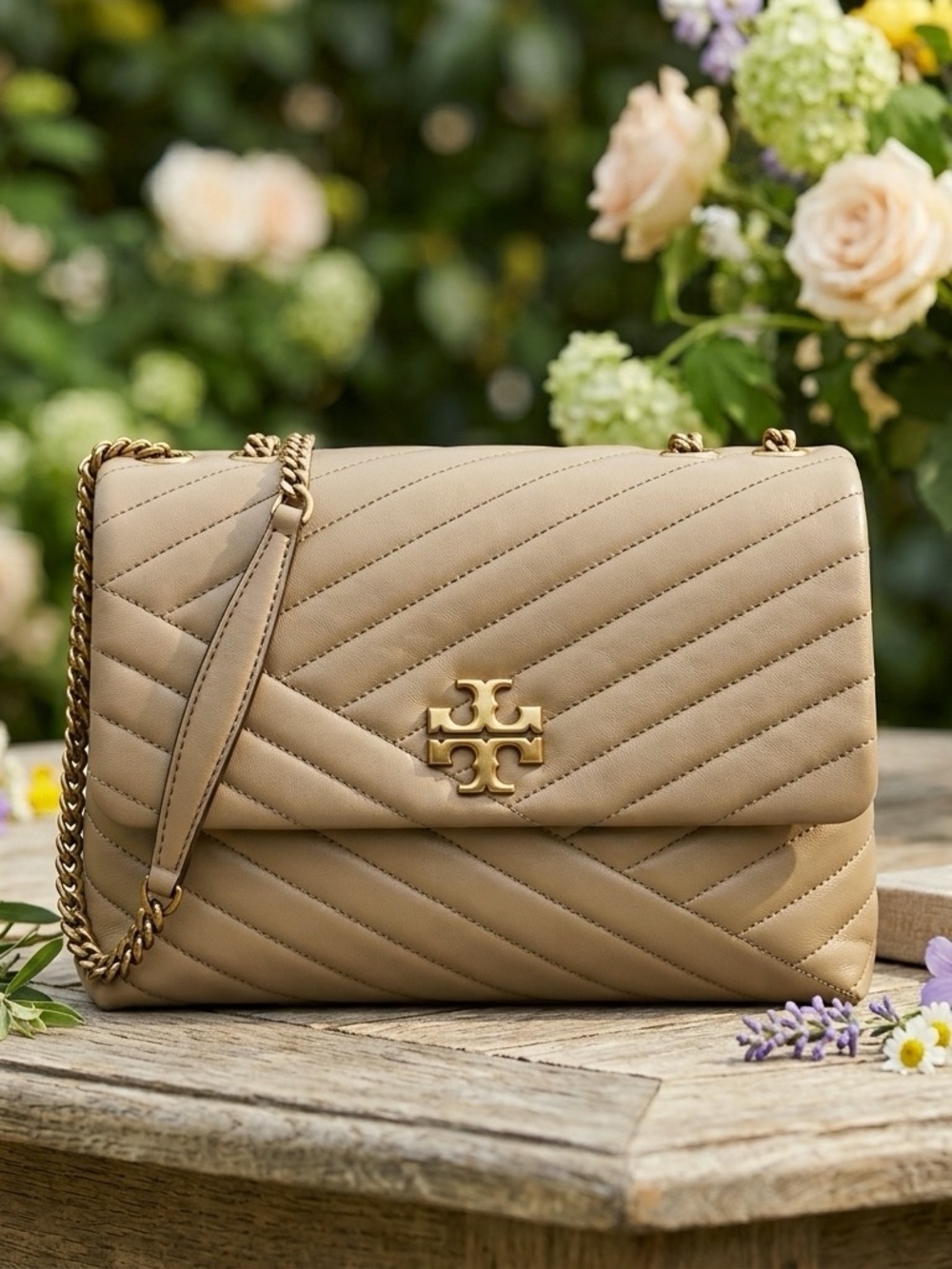 Tory Burch Kira Chevron Pebblestone Beige Tan Leather Shoulder Bag/Crossbody Bag